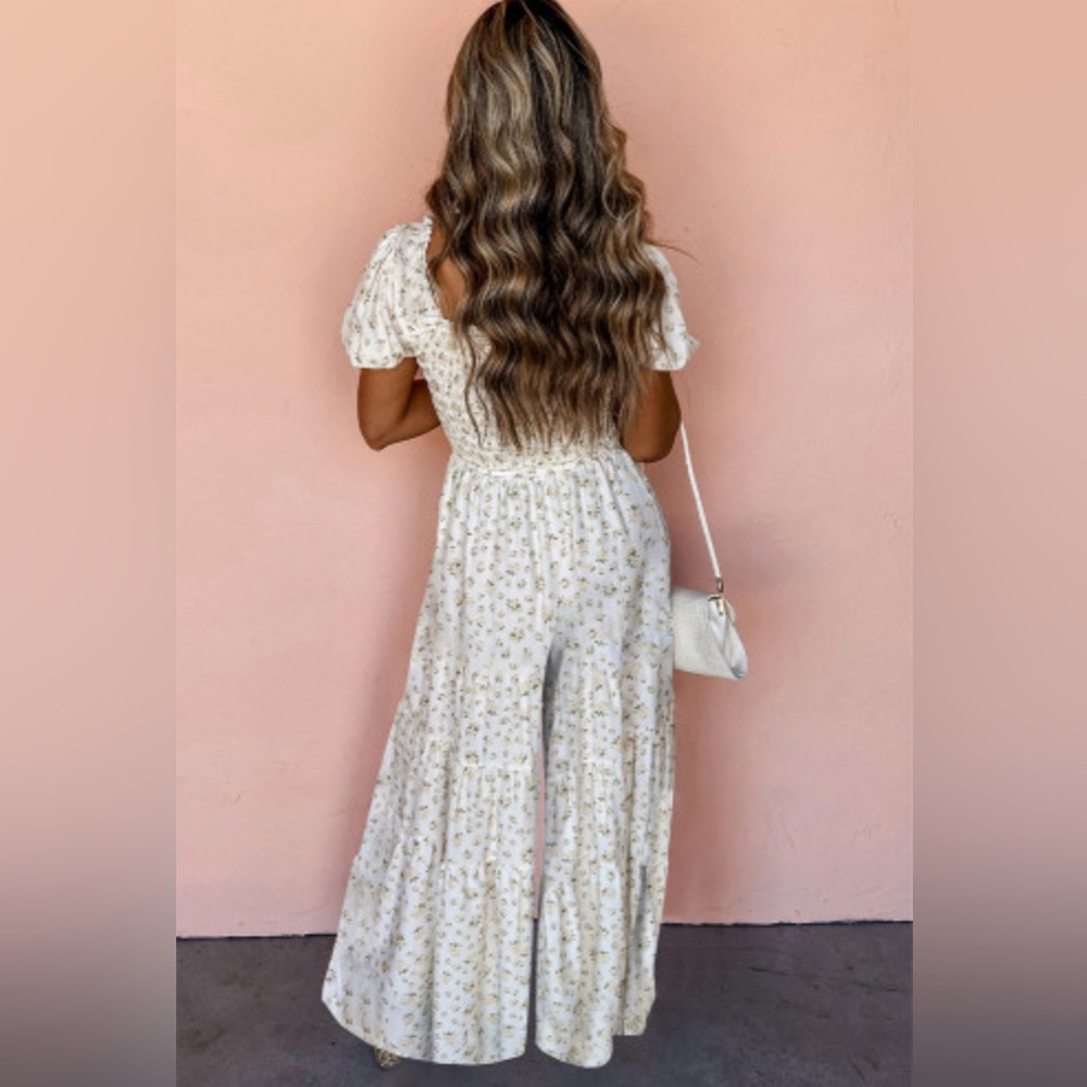 White Boho Floral Smocked Wide Leg Short Puff Sleeve Jumpsuit - Picture 3 of 7